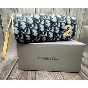 DIOR VTG Y2K Trotter Wristlet Mini Barrel Bag #2 Vintage Navy Blue & Cream + Box